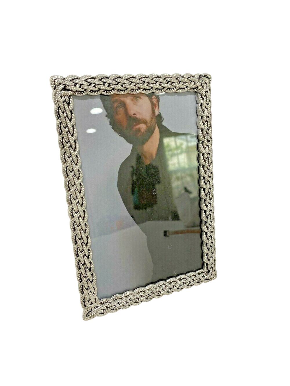 Ornate standing picture frame woven silver tone textured braided holder 4" x 6"